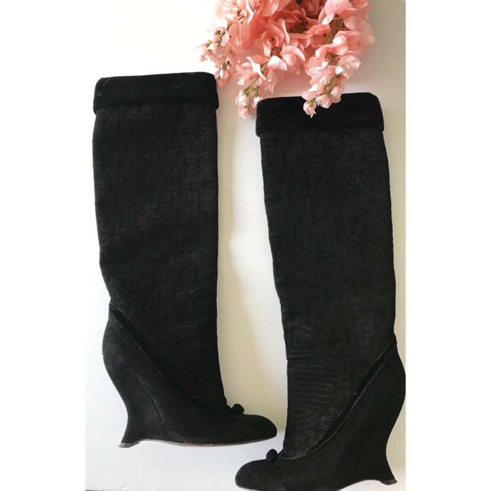 Yves Saint Laurent Black Tall Boots Wedge